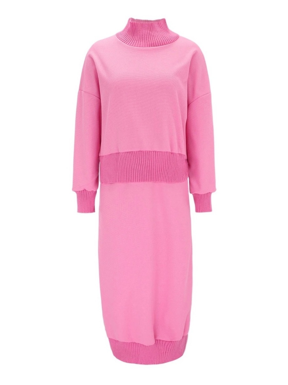 Women's Pink Knit Two-Piece skirt  Set turtleneck top & waffle knit style Large